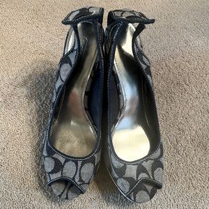 Coach wedge sandal heels. Denim print.